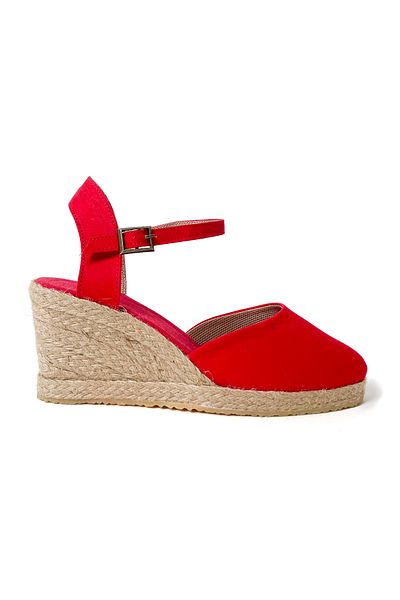RABU Red Women's Wedge Heeled Front Closed Ankle Strap Linen Espadrille Sandals Shoes