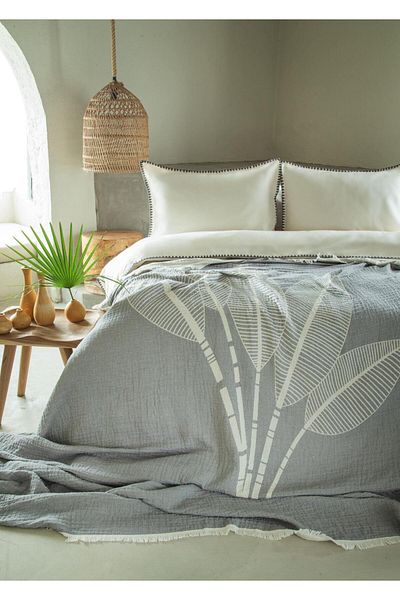 Apricitas HOME Διπλό κάλυμμα κρεβατιού μουσελίνα Nevset June Grey - Σετ πικέ
