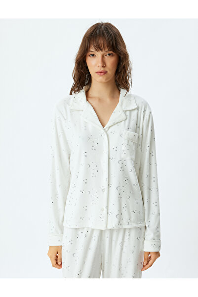Koton Polar Pijama Üstü Düğmeli Gömlek Yaka Parıltılı Yıldız ve Ay Baskılı