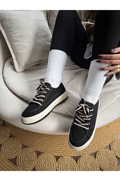 İnan Ayakkabı Black High-Top Linen Sneakers - Lace-Up Sports Shoes (4 cm Sole)