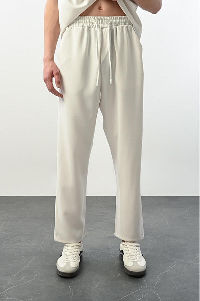 Valiberta Soft Touch Fabric Baggy Fit Elastic Men's Trousers - Ecru