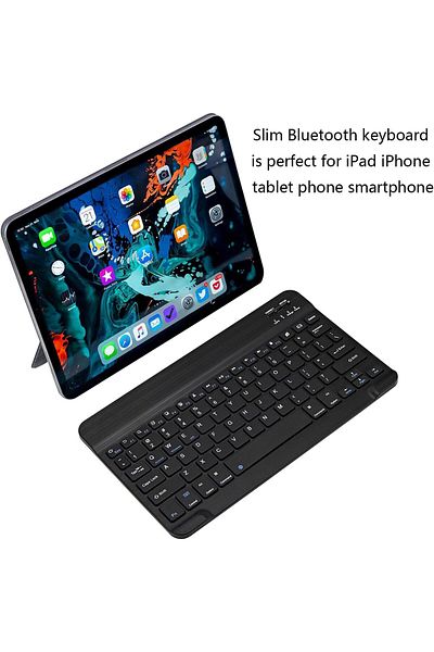 AWH لوحة مفاتيح بلوتوث فائقة النحافة، محمولة، قابلة لإعادة الشحن لأجهزة iPad وiPhone وSamsung والكمبيوتر اللوحي (أسود).