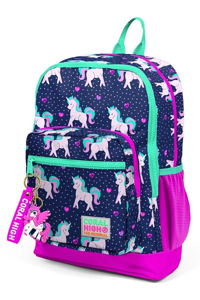 Coral High Rucsac de școală cu model unicorn albastru bleumarin roz cu patru buzunare laterale