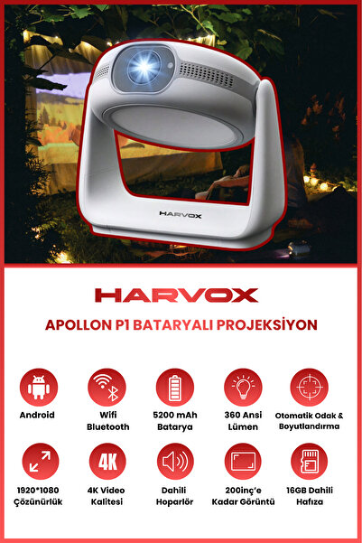HARVOX Apollon P1 Bataryalı Projeksiyon Cihazı Taşınabilir 4K Destekli 1080P Android Sistemli Projektör