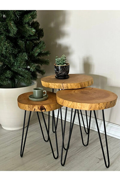 Reyo Kütük 3lü Zigon Sehpa Metal Ayaklı Ahşap Doğal Sehpa Naturel