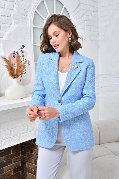 nodilife Broşlu Örgü Kumaş Ceket Bebe Mavi