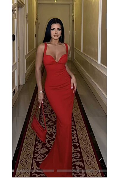 zenne Milenass Valentina Askılı Göğüs& Sırt Dekolteli Kırmızı Şık Gece Elbisesi