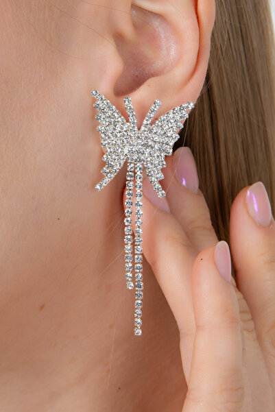 Furtek Aksesuar Kadın Kelebek Motif Sallantılı Minik Zirkon Taşlı Küpe Modeli Nişan Trend Zarif Bijuteri