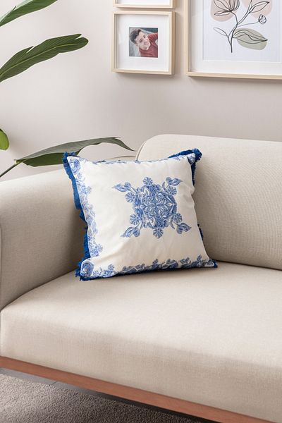 BUGİ HOME COLLECTİON Husă de pernă cu franjuri din seria Premium albastru azur 43x43c, husă de pernă decorativă