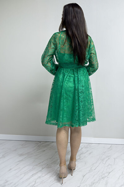 zks grup tekstil Green Women's Bell French Guipure Button Evening Dress