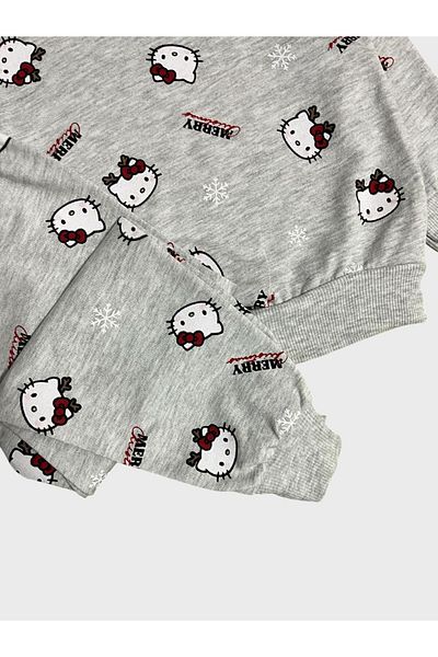 ALİŞ KİDS Girls' Cotton Gray Hello Kitty Snow Merry Letter Print Long Sleeve Seasonal Pajamas Set