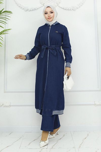 Modamihram Dark Blue Hooded Jeans Set - Ribbed, Model 19244