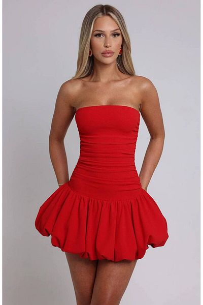 SEVENLINE Women's Strapless Neck Balloon Shirring Mini Dress