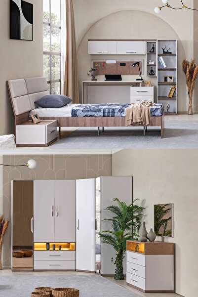 Setay Milano Genç Odası -5 Kapaklı Aynalı Dolap, Karyola, Komodin, Çalışma Masası, Şifonyer, Kitaplık