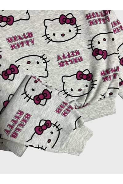 ALİŞ KİDS Girls' Cotton Gray Pink Hello Kitty Print Long Sleeve Seasonal Pajamas Set