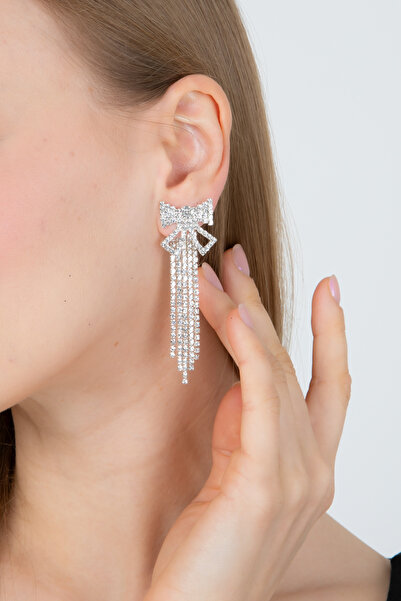 Furtek Aksesuar Kadın Papyon Fiyonk Model Sallantılı Zirkon Taşlı Küpe Trend Zarif Düğün Nişan Parıltılı