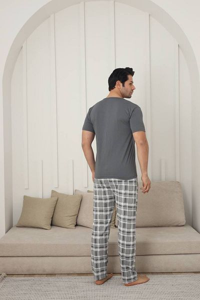 PİJAMORE Men's Pajamas Set - Plaid Print, Short Sleeve, Cotton, Summer Seasonal