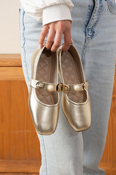 STOCON Dore Gold Star Model Ballerinas - Casual Women's Shoes, Accessory Detailed Stc1081