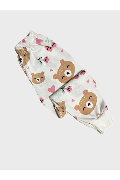 Genel Markalar Kız Çocuk Pamuklu Ekru Ayıcık Kalp Çiçek Desenli Uzun Kollu Mevsimlik Pijama Takımı