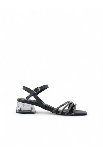Tomato Bags Black Shiny Stone Transparent 4.5cm Thick Heel Ankle Strap Women's Sandals Heeled Shoes