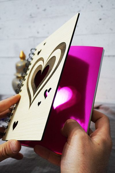 markcat Heart Patterned Wooden Cover Notebook - Unlined Notebook - Diary - Agenda-Gift-A5 Memory Book