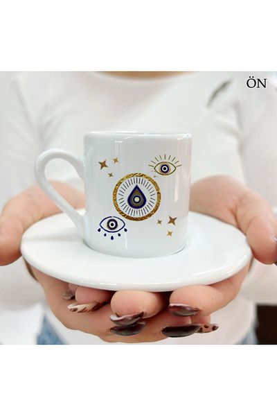 Hediyeciabla Special Design Special Moments Turkish Coffee Cups with Evil Eye Beads
