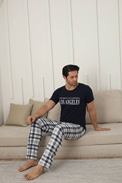 PİJAMORE Men's Pajamas Set - Plaid Print, Short Sleeve, Cotton, Summer Seasonal