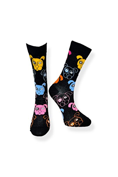 Mevo Single Unisex Dog Patterned Black Color Stretchy Moisture Cotton Socks