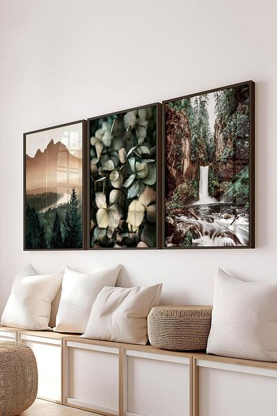Postifull Set de pictură cu cadru negru, pictură de perete de munte și pădure, set de 3 posteri, nr:300724