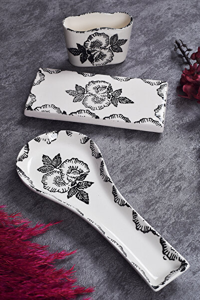 Piatti Naturali 3-Piece Kitchen Set Black Rose Pattern Spoon Holder Spoon Coa...