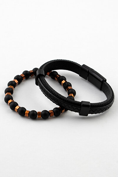 Sortie Aksesuar Hakiki Deri Ve Doğal Taş Hediyelik Erkek Kombin Bileklik Seti
