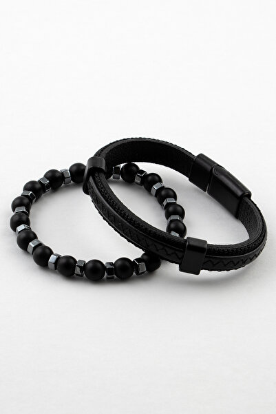 Sortie Aksesuar Hakiki Deri Ve Doğal Taş Hediyelik Erkek Kombin Bileklik Seti