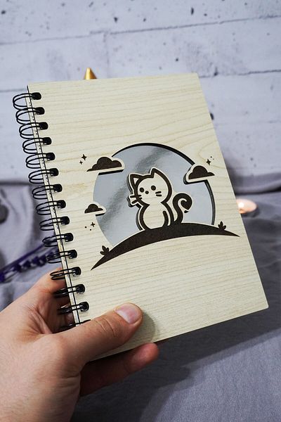 markcat Cat Patterned Wooden Cover Notebook - Unlined Notebook - Diary - Agenda-Gift-A5 Memory Book
