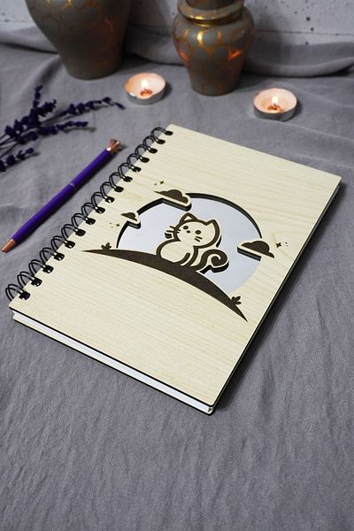 markcat Cat Patterned Wooden Cover Notebook - Unlined Notebook - Diary - Agenda-Gift-A5 Memory Book