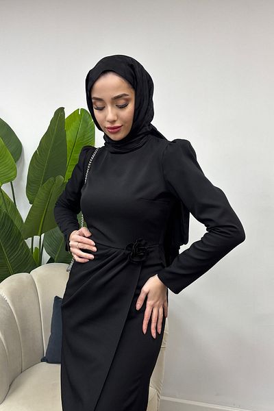 Tesettür Diyarı Φόρεμα Zümra Model Crepe Fabric με λεπτομέρεια τριαντάφυλλου