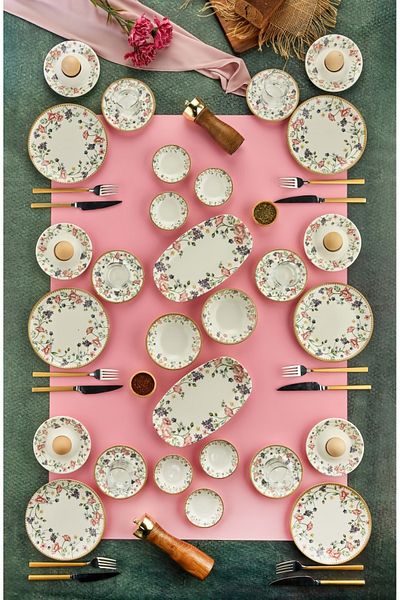 Cooker 34 Piece Porcelain Patterned Breakfast Set - Boat, Egg Holder, Plate, Jam Bowl, Snack Bowl