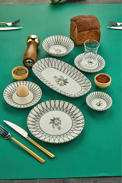 Cooker 34 Piece Porcelain Patterned Breakfast Set - Boat, Egg Holder, Plate, Jam Bowl, Snack Bowl