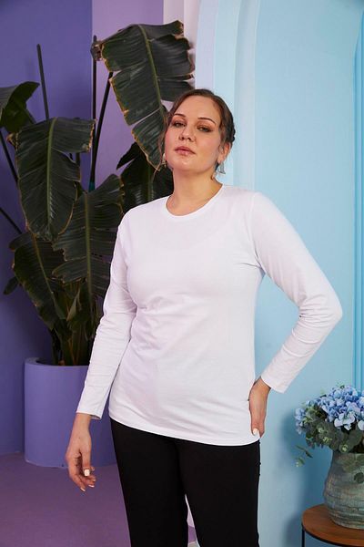 RMG Crew Neck Long Sleeve Large Size White T-Shirt
