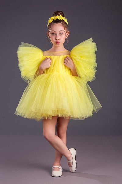 vestitino Yellow Crowned Tutu Skirt Puffy Sleeves Girls Evening Dress