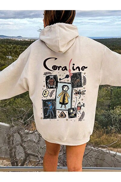 coolart Χειμερινό φούτερ Coraline - Μπεζ εμπριμέ Oversize Hoodie με κουκούλα