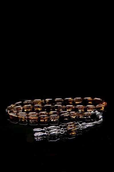 TESBİHKENTİ Kapsül Toprak Fosilli Gümüş Püsküllü Damla Kehribar Tesbih