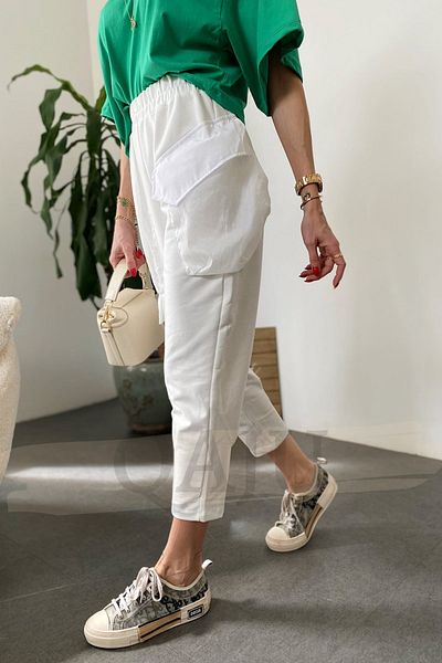 Qaju Women's Parachute Pocket Trousers with Cuffs - Ecru