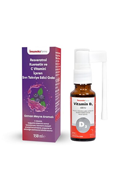 Imuneks Farma Resveratrol Kuersetin ve C Vitamini İçeren Sıvı Takviye Edici Gıda 150 ml & 600 IU Vitamin D3 içeren