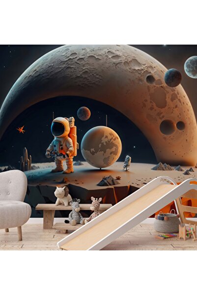 Tasarım Astronot ve Ay Uzay Boşluğunda Gezegenler Yapay Zeka Çocuk Odası Duvar Kağıdı