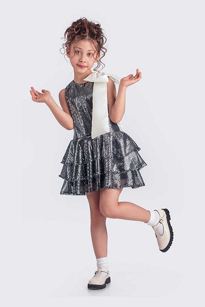 vestitino Black - Silver Sequined 3 Layer Skirt Stylish Dress 1674
