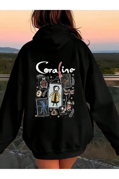 Mythologie Coraline Winter Sweatshirt - Black Printed Oversize Hooded Sweatshirt