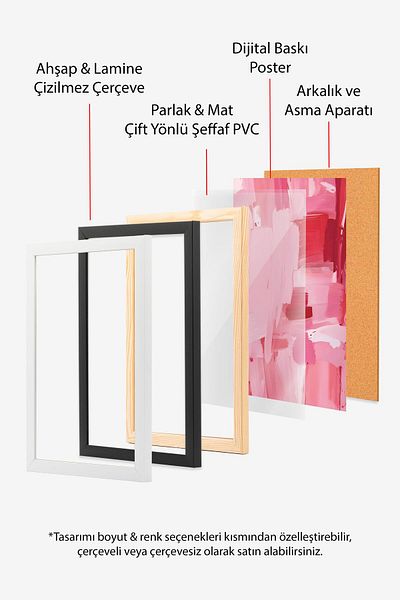Postifull Black Framed Painting Set, Pink Wall Painting, 3 Poster Set, No:300748