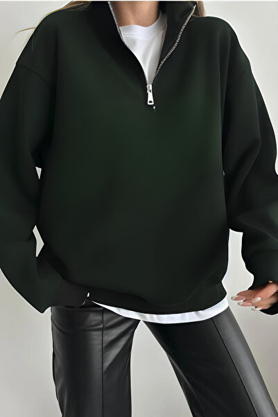 OKULCUBABA Kadın Dik Yaka Yarım Fermuarlı 3 İplik İçi Polarlı Oversize Sweats...