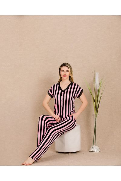 Lady Lingerie Short Sleeve Striped Button 93% Cotton & 7 Lycra Women's Pajamas Set