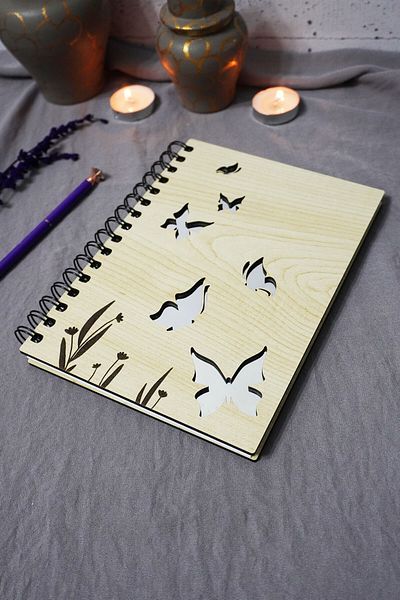 markcat Butterfly Patterned Wooden Cover Notebook - Unlined Notebook - Diary - Agenda-Gift-A5 Memory Book